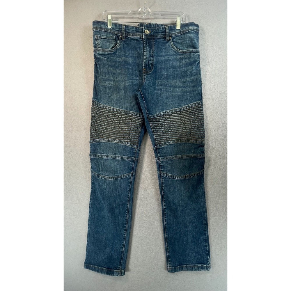 Raw X Jeans Mens 36 Blue Moto Biker Ribbed Panel Slim Straight Denim Pants
